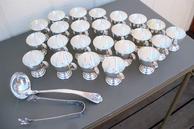Footed Silverplate (24) punch cups - ladle & ice tongs - & punchbowl $490 / OFFER.